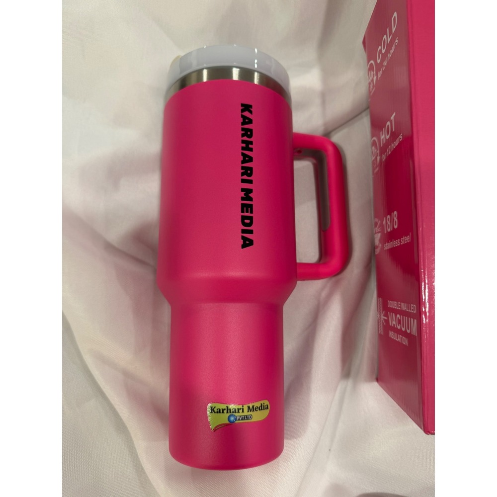 Karhari Media 40oz Insulated Tumbler w Handle and Straw Hot Pink Stainless Steel